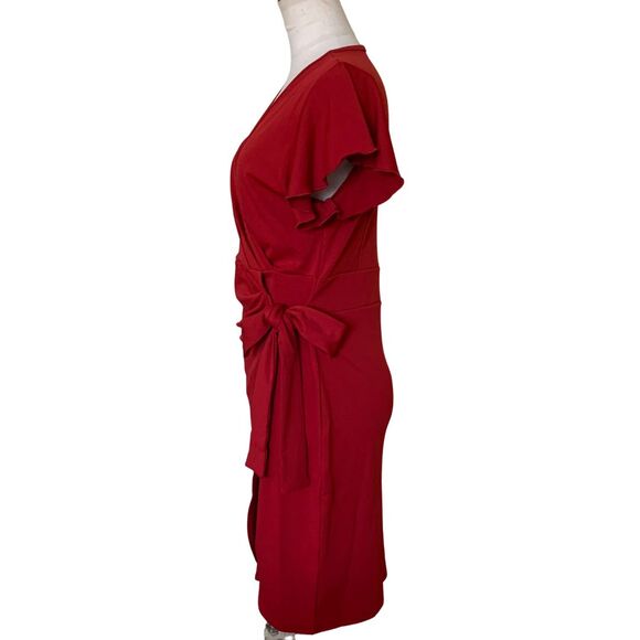 Red Faux Wrap Dress with Side Tie – Short Sleeve Knee Length Women’s Size M - Picture 5 of 10